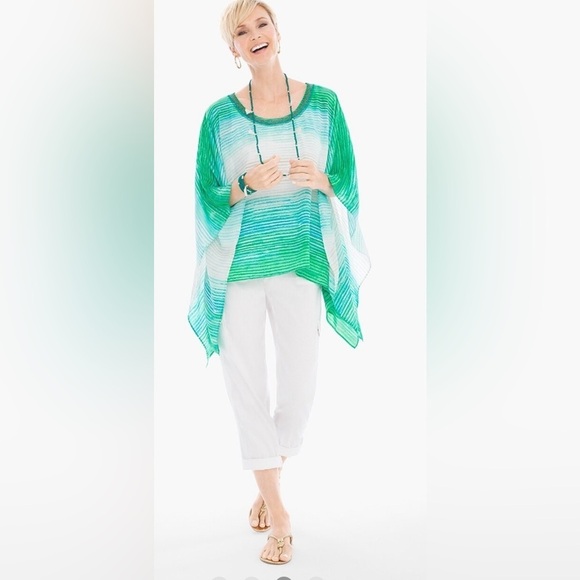 Chicos Green Striped Poncho Green and White Striped Poncho Top size: S/M - Picture 4 of 14